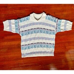 Vintage 70's Season Ticket White Blue Short Sleeve Scallop Knit Sweater Top Med